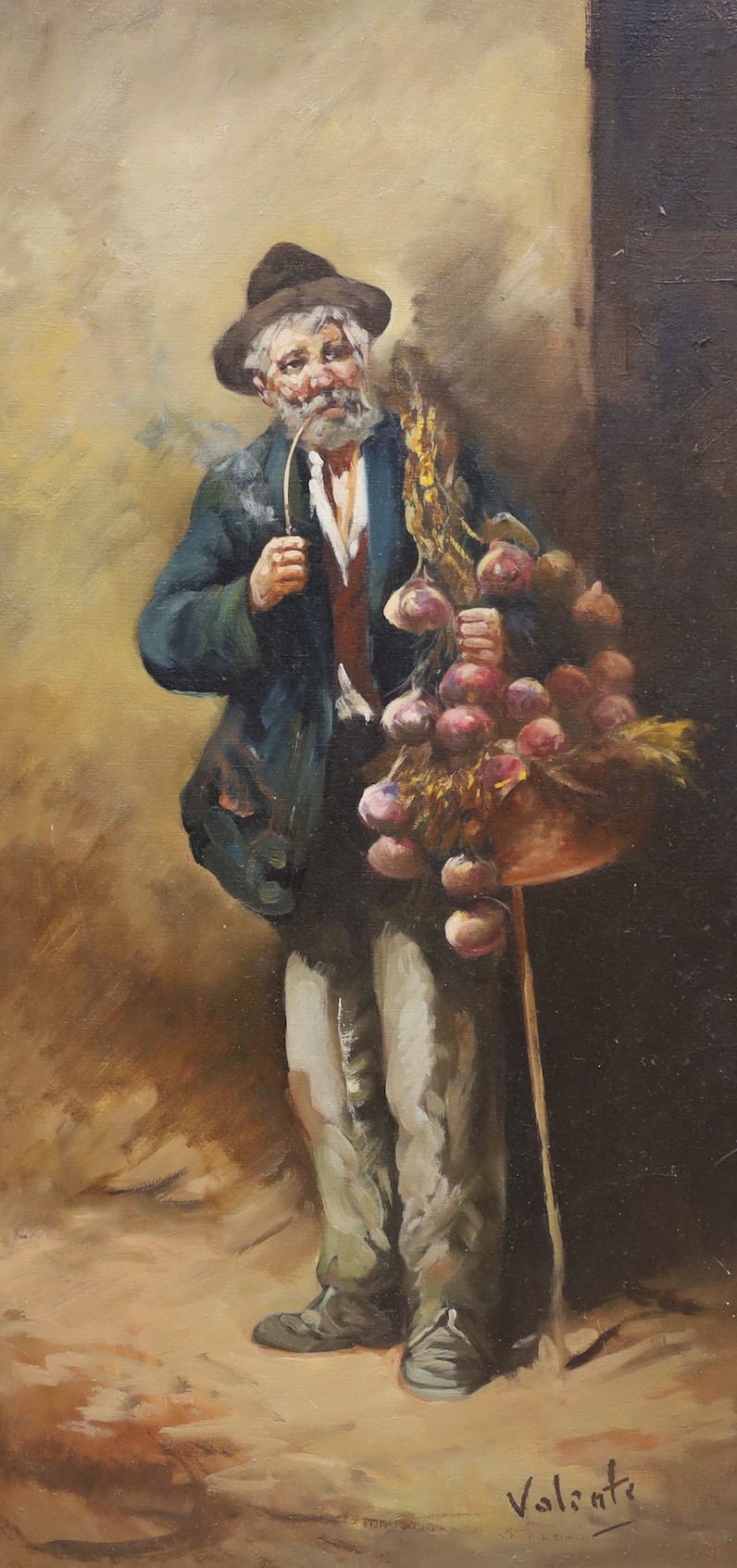 Valente (Italian School), oil on canvas, 'Onion Seller', signed, 59 x 29cm